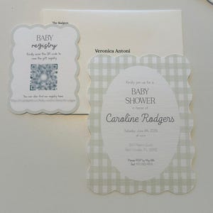 May include: Baby shower invitations and registry card. The invitations have a scalloped edge and a light green gingham pattern. The registry card includes a QR code. The text reads "Baby Shower" and "Caroline Rodgers".