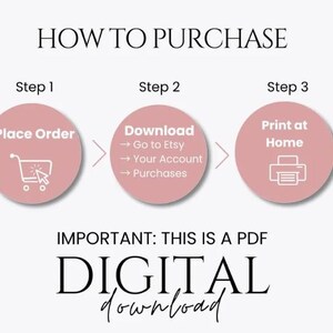 May include: An instructional graphic titled HOW TO PURCHASE with three pink circles. Step 1 shows a shopping cart icon. Step 2 lists Download, Go to Etsy, Your Account, Purchases. Step 3 shows a printer icon. Text below reads IMPORTANT: THIS IS A PDF DIGITAL download.