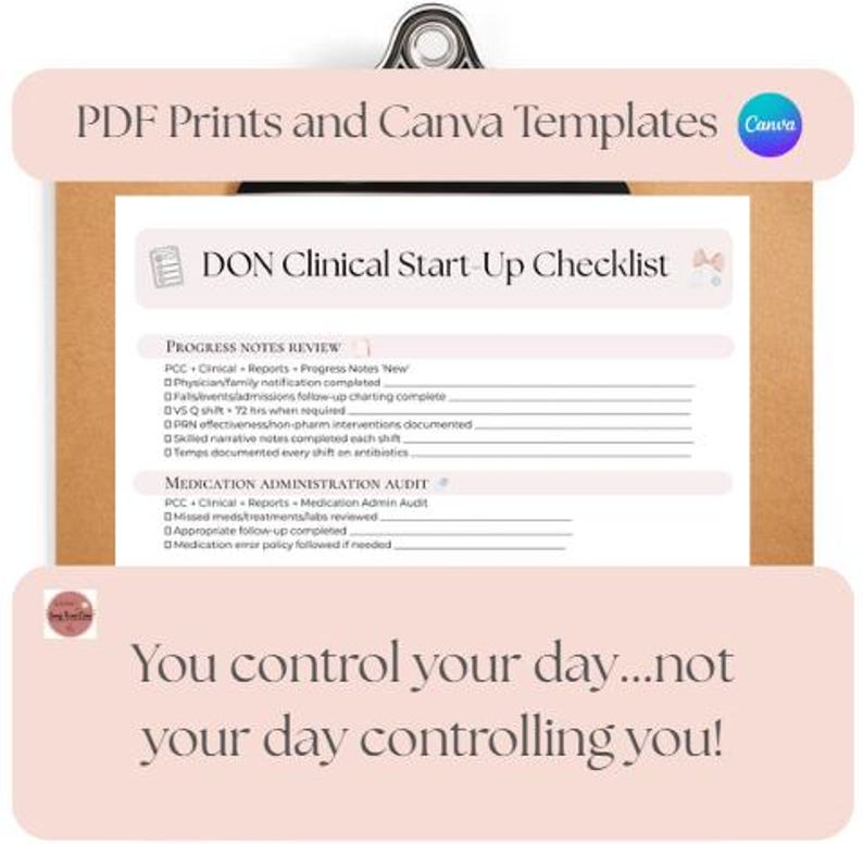 May include: A DON Clinical Start-Up Checklist document on a clipboard. The form includes sections for Progress Notes Review and Medication Administration Audit with checkboxes and lines. The text reads PDF Prints and Canva Templates and You control your day...not your day controlling you!