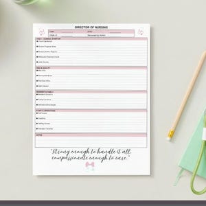 May include: A white Director of Nursing checklist with pink accents and text. The checklist includes sections for daily clinical startup, risk and quality, resident and family, and staff and operations. A pencil, a green notebook, and a keychain are on the side.