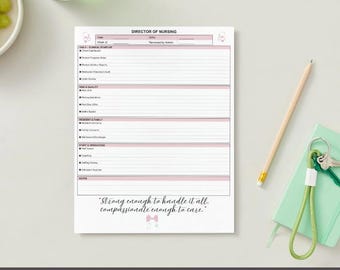 May include: A white Director of Nursing checklist with pink accents and text. The checklist includes sections for daily clinical startup, risk and quality, resident and family, and staff and operations. A pencil, a green notebook, and a keychain are on the side.