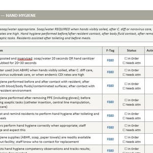 May include: A document titled Section 5 Hand Hygiene containing a table with audit items, F-Tag F880, and status checkboxes. The text outlines protocols for soap, water, and hand sanitiser use, resident contact, PPE removal, and staff hygiene compliance.