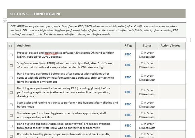 May include: A document titled Section 5 Hand Hygiene containing a table with audit items, F-Tag F880, and status checkboxes. The text outlines protocols for soap, water, and hand sanitiser use, resident contact, PPE removal, and staff hygiene compliance.