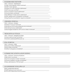 May include: A white document titled DON Clinical Start-Up Checklist with black text. It features sections for Dashboard Review, Orders Portal, Weights & Vitals, UDA Portal, Communication & Rounding, and Leadership Follow-Up with checkboxes.