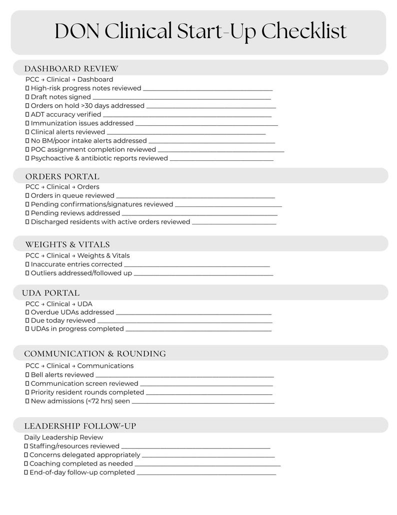 May include: A white document titled DON Clinical Start-Up Checklist with black text. It features sections for Dashboard Review, Orders Portal, Weights & Vitals, UDA Portal, Communication & Rounding, and Leadership Follow-Up with checkboxes.