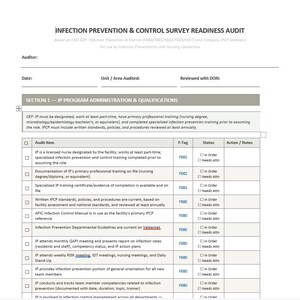May include: A white document titled Infection Prevention & Control Survey Readiness Audit. It features a table with columns for Audit Item, F-Tag, Status, and Action/Notes, focusing on IP Program Administration & Qualifications for healthcare facilities.
