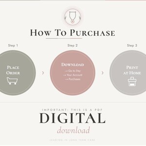 May include: An instructional graphic titled How To Purchase with three steps. Step 1: Place Order with a shopping cart icon. Step 2: Download with instructions to go to Etsy, Your Account, and Purchases. Step 3: Print at Home with a printer icon.