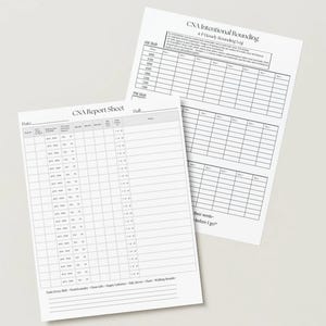 Puede incluir: Dos hojas de informe de CNA blancas con líneas de cuadrícula y texto. Una hoja está etiquetada como "CNA Report Sheet" y la otra como "CNA Intentional Rounding 4 Hourly Rounding Log". Las hojas están sobre un fondo gris claro.