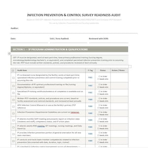 Puede incluir: Un documento blanco titulado Infection Prevention & Control Survey Readiness Audit. Presenta una tabla con columnas para Audit Item, F-Tag, Status y Action/Notes, centr&aacute;ndose en la administraci&oacute;n y las cualificaciones del programa IP.
