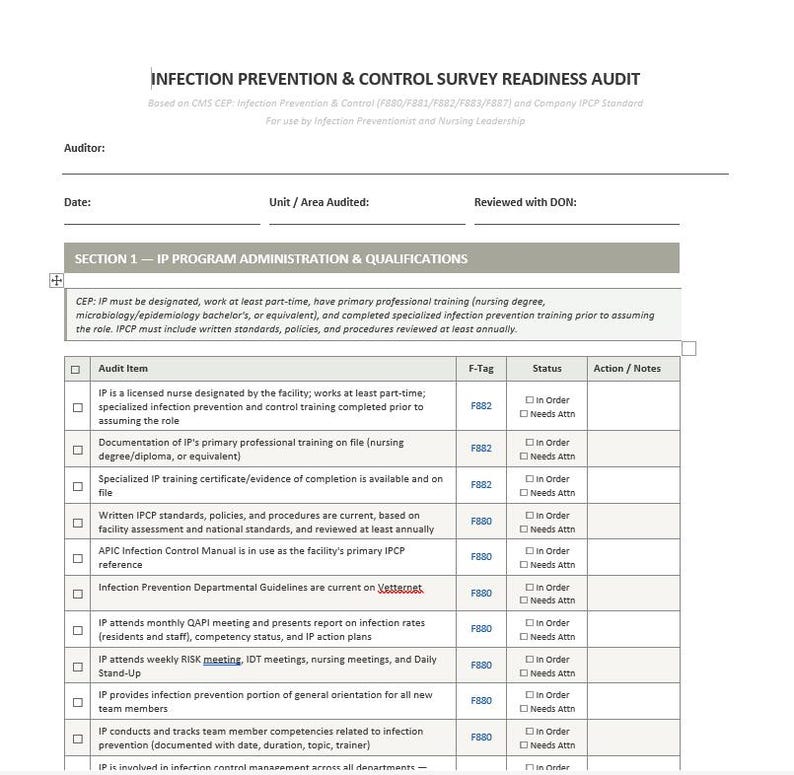 Puede incluir: Un documento blanco titulado Infection Prevention & Control Survey Readiness Audit. Presenta una tabla con columnas para Audit Item, F-Tag, Status y Action/Notes, centr&aacute;ndose en la administraci&oacute;n y las cualificaciones del programa IP.
