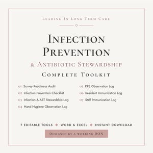 Peut inclure: Un document numérique intitulé Infection Prevention & Antibiotic Stewardship Complete Toolkit. Il liste sept outils dont un audit de préparation aux enquêtes, une liste de contrôle de prévention et des journaux de suivi en Word et Excel.
