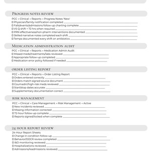 May include: A white document titled DON Clinical Start-Up Checklist with sections for Progress Notes Review, Medication Administration Audit, Order Listing Report, Risk Management, and 24 Hour Report Review, each containing checkboxes and lines.