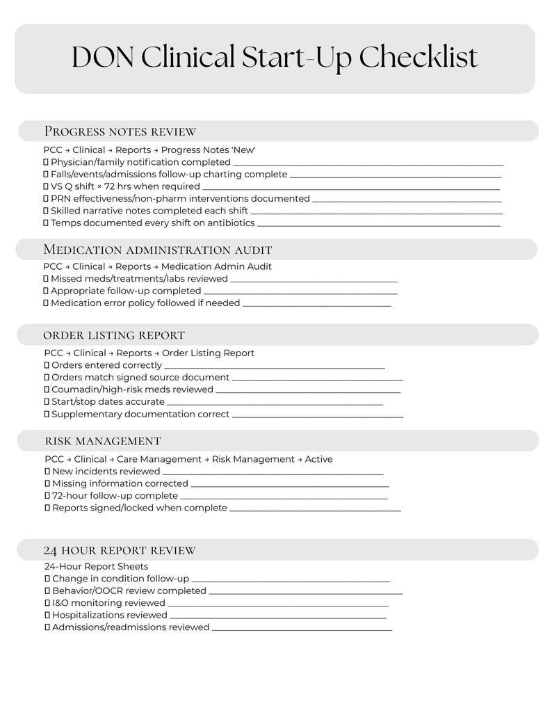 May include: A white document titled DON Clinical Start-Up Checklist with sections for Progress Notes Review, Medication Administration Audit, Order Listing Report, Risk Management, and 24 Hour Report Review, each containing checkboxes and lines.
