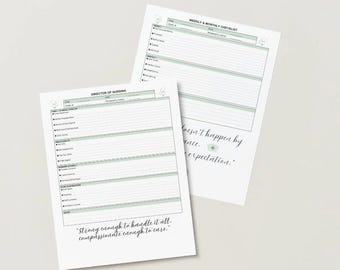May include: Two white paper checklists with a light green border. One checklist is labeled "Director of Nursing" and the other is labeled "Weekly & Monthly Checklist". The checklists have lines for writing and include text that reads "Strong enough to handle it all, compassionate enough to care."