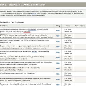 Puede incluir: Un formulario de auditor&iacute;a cl&iacute;nica titulado Section 6 - Equipment Cleaning & Disinfection. El documento presenta una tabla que enumera equipos m&eacute;dicos como gluc&oacute;metros, m&aacute;quinas CPAP y sillas de ruedas, con columnas para F-Tag, casillas de verificaci&oacute;n.