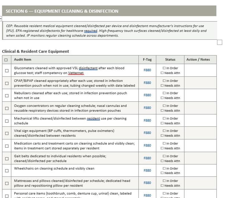 Puede incluir: Un formulario de auditor&iacute;a cl&iacute;nica titulado Section 6 - Equipment Cleaning & Disinfection. El documento presenta una tabla que enumera equipos m&eacute;dicos como gluc&oacute;metros, m&aacute;quinas CPAP y sillas de ruedas, con columnas para F-Tag, casillas de verificaci&oacute;n.