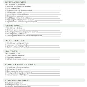 May include: A white DON Clinical Start-Up Checklist document featuring sections for Dashboard Review, Orders Portal, Weights & Vitals, UDA Portal, Communication & Rounding, and Leadership Follow-Up, each with checkboxes and blank lines for notes.