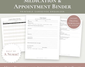 Medication and Appointment Binder Printable, Caregiver Organizer, Medication List, Doctor Visit Sheets, Dementia Care PDF + Word