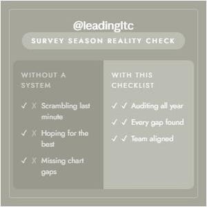 May include: A sage green infographic titled @leadingltc SURVEY SEASON REALITY CHECK. It compares WITHOUT A SYSTEM, showing items like Scrambling last minute, with WITH THIS CHECKLIST, showing items like Auditing all year, Every gap found, and Team aligned.