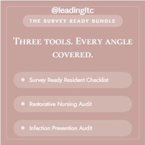 Puede incluir: Un gr&aacute;fico informativo de color rosa polvoriento con el texto @leadingltc, THE SURVEY READY BUNDLE y THREE TOOLS. EVERY ANGLE COVERED. Enumera tres elementos: Survey Ready Resident Checklist, Restorative Nursing Audit e Infection Prevention Audit.