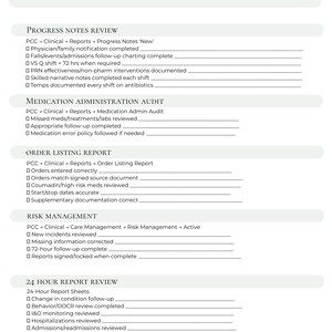 May include: A white DON Clinical Start-Up Checklist document with black text. Sections include Progress Notes Review, Medication Administration Audit, Order Listing Report, Risk Management, and 24 Hour Report Review, each with checkboxes and lines.