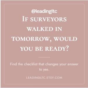 Puede incluir: Un gr&aacute;fico cuadrado con fondo rosa empolvado y texto blanco que dice: @leadingitc IF SURVEYORS WALKED IN TOMORROW, WOULD YOU BE READY? Find the checklist that changes your answer to yes. LEADINGLTC.ETSY.COM. El texto est&aacute; centrado.