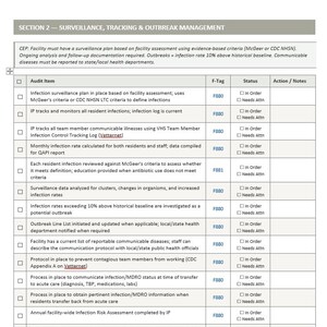 May include: A document titled Section 2 - Surveillance, Tracking & Outbreak Management. It features a table with columns for Audit Item, F-Tag, Status, and Action/Notes, listing various infection control protocols and criteria for healthcare facilities.