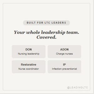 Puede incluir: Un gr&aacute;fico blanco con el texto BUILT FOR LTC LEADERS y Your whole leadership team. Covered. Enumera cuatro roles: DON Nursing leadership, ADON Charge nurses, Restorative Nurse coordinator e IP Infection preventionist, con @LEADINGLTC.