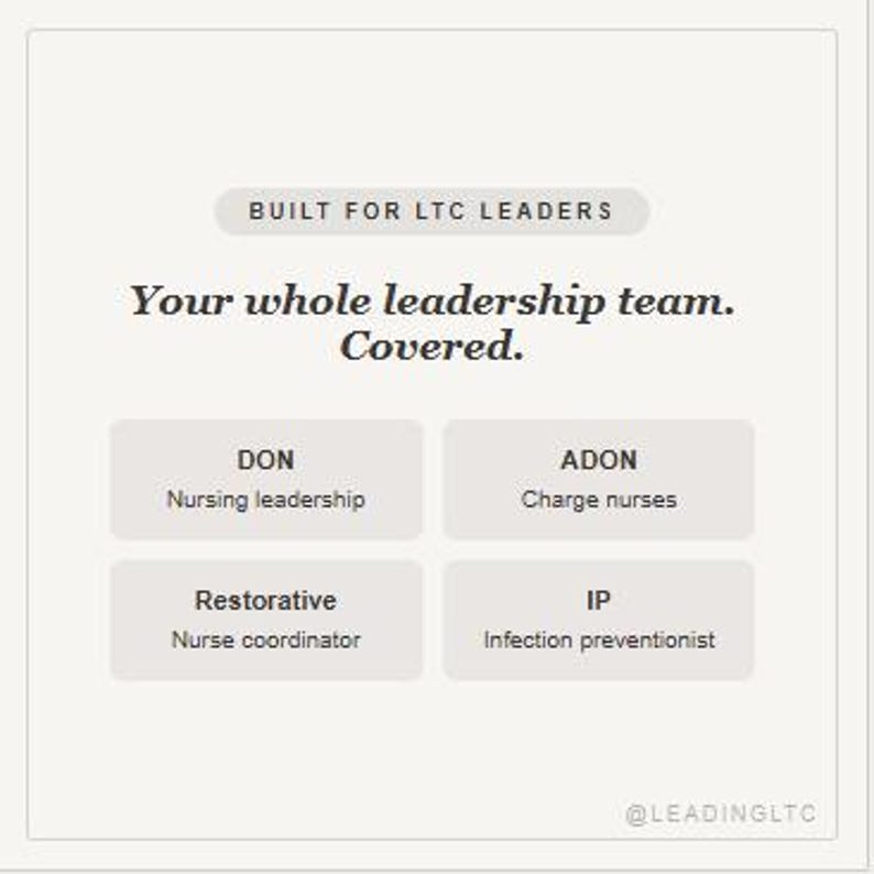 Puede incluir: Un gr&aacute;fico blanco con el texto BUILT FOR LTC LEADERS y Your whole leadership team. Covered. Enumera cuatro roles: DON Nursing leadership, ADON Charge nurses, Restorative Nurse coordinator e IP Infection preventionist, con @LEADINGLTC.