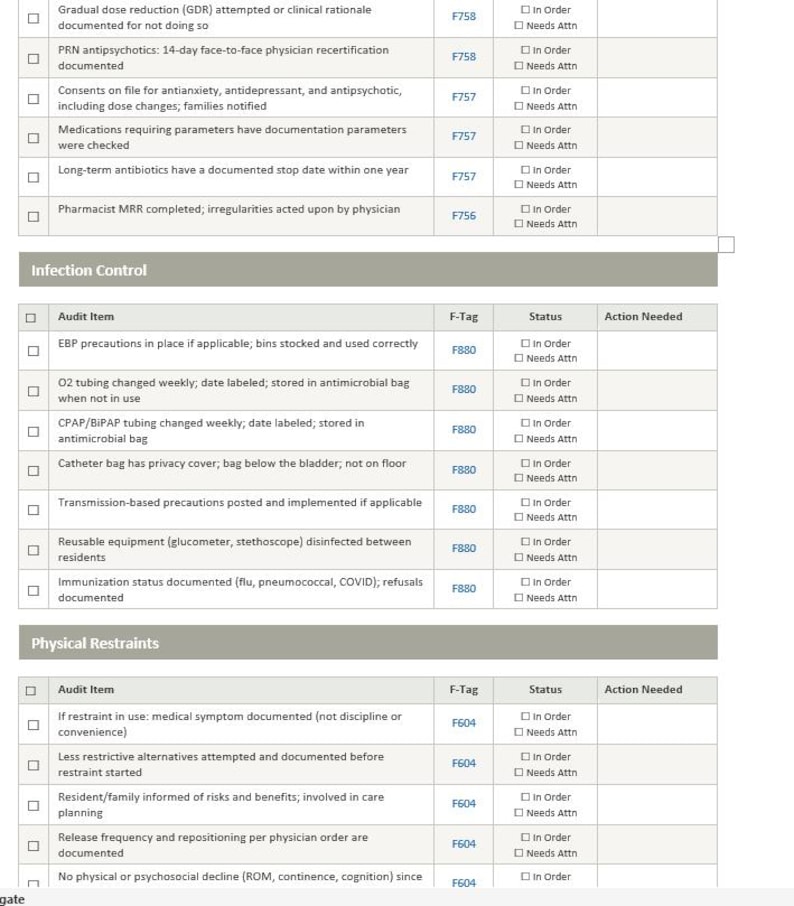 Puede incluir: Un documento de lista de verificaci&oacute;n de auditor&iacute;a cl&iacute;nica con secciones para control de infecciones y restricciones f&iacute;sicas. La tabla incluye columnas para el elemento de auditor&iacute;a, F-Tag, estado con casillas y acci&oacute;n necesaria.