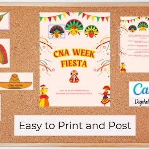 May include: A corkboard with various printed graphics and text. The central poster reads "CNA Week Fiesta" with festive illustrations. Other elements include a chili pepper, taco, sombrero, and sun. The Canva logo is also visible.