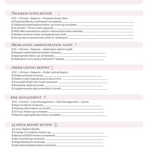 May include: A DON Clinical Start-Up Checklist document with sections for Progress Notes Review, Medication Administration Audit, Order Listing Report, Risk Management, and 24 Hour Report Review, featuring checkboxes and lines for clinical documentation.