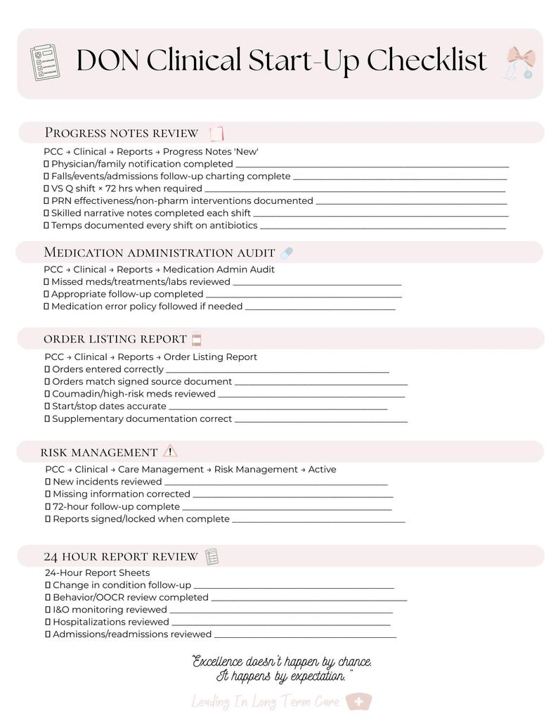 May include: A DON Clinical Start-Up Checklist document with sections for Progress Notes Review, Medication Administration Audit, Order Listing Report, Risk Management, and 24 Hour Report Review, featuring checkboxes and lines for clinical documentation.