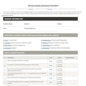 Puede incluir: Un formulario de papel blanco titulado Survey Ready Resident Checklist con texto negro y encabezados grises. Incluye secciones para informaci&oacute;n del residente, una lista de verificaci&oacute;n r&aacute;pida y una tabla de prevenci&oacute;n.