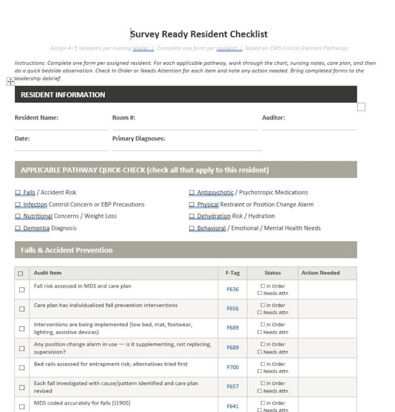Puede incluir: Un formulario de papel blanco titulado Survey Ready Resident Checklist con texto negro y encabezados grises. Incluye secciones para informaci&oacute;n del residente, una lista de verificaci&oacute;n r&aacute;pida y una tabla de prevenci&oacute;n.