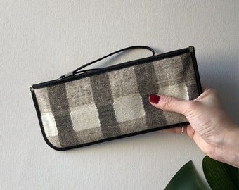 plaid wool pouch, wrist strap bag, beige checked pochette, wool pencil case, gift for mother, gift for her, mother in law gift