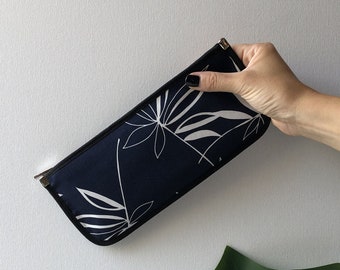 flowers pouch, blue pochette with leaves, tropical pencil case, gift for mother, gift for her