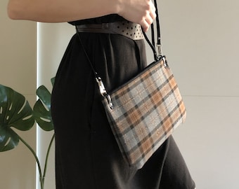 crossbody bag handmade with brown and grey tartan fabric and regenerated leather accessories, woman's wristlet bag, gift for mother