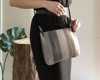 crossbody bag handmade with brown strided wool and regenerated leather accessories, woman's wristlet bag, gift for mother