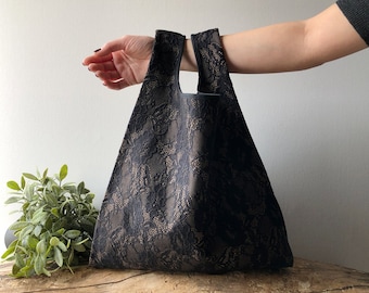 Black lace shopping bag, elegant black tote bag made in lace and jersey, capacious grocery bag, black hobo bag, gift mom, mother day gift