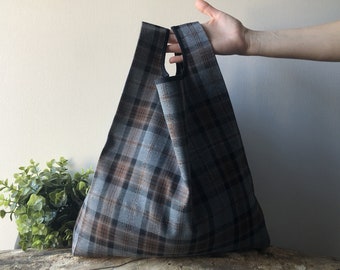 Tartan lunch bag in bronze and grey polyviscous and lurex thread, elegant tote for woman reusable and foldable