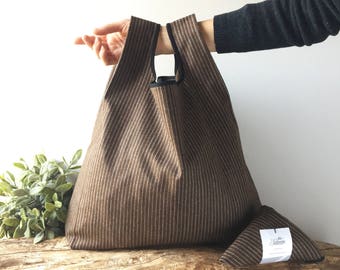 Pinstripe grocery bag handmade with pure wool brown color / lunch bag for men and women, reusable and foldable / valentines day gift for him