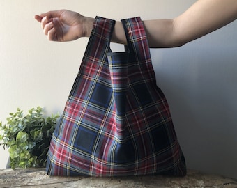 Blue and red tartan lunch bag handmade in polyviscose / elegant tote for man and woman reusable and foldable / boyfriend gift / dad gift