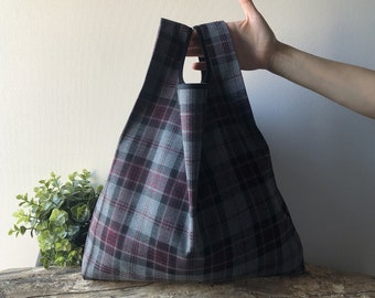 Red bordeaux tartan lunch bag made with polyviscous and lurex thread, elegant tote bag for woman reusable and foldable