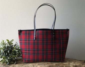 Tartan tote bag, red tartan shoulder tote, woman bag with removable internal organizer, regenerated leather handles, gift for mom