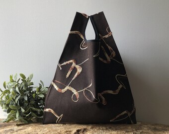 Brown jeans bag made with embroidered fabric, elegant  lunch bag, capacious grocery bag gift for mom