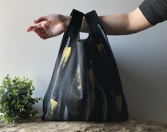 black shopping bag gold handpainting / minimal man tote bag / cotton shopper / elegant woman bag / total black style / valentines for her