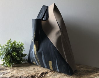 men lunch bag hand painted with minimalist black and taupe geometric design / unisex cotton tote bag for men and for woman