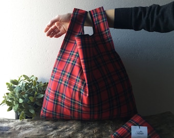 Red Tartan Scottish lunch bag handmade with polyviscose / elegant tote bag for man and woman reusable and foldable / valentines day gift