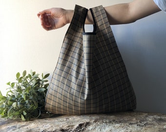 Brown grocery bag handmade with checkered cotton bled, lunch bag reusable and foldable, gift for dad, father's Day gift